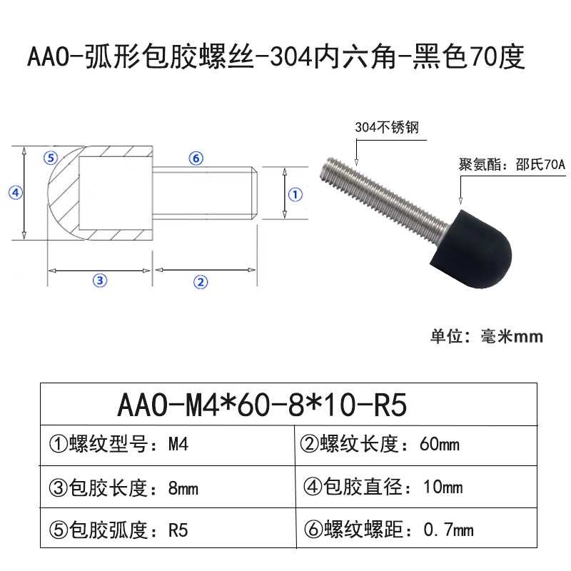 AAO-M4×60-8×D10×R5 弧形包胶螺丝-304内六角-黑色70度