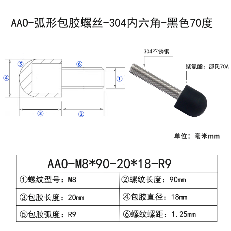 AAO-M8×90-20×D18×R9 弧形包胶螺丝-304内六角-黑色70度