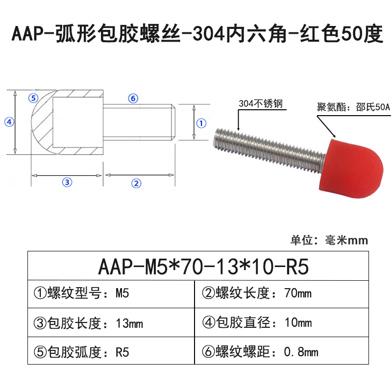 AAP-M5×70-13×D10×R5 弧形包胶螺丝-304内六角-红色50度