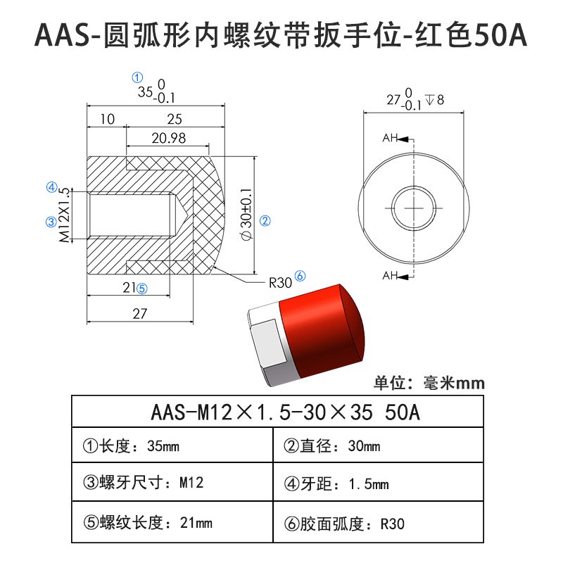 AAS-M12×1.5-30×35 圆弧形包胶螺丝-内螺纹带扳手位