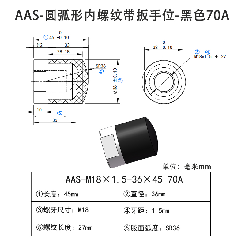 AAS-M18×1.5-36×45-70A 圆弧形包胶螺丝-内螺纹带扳手位
