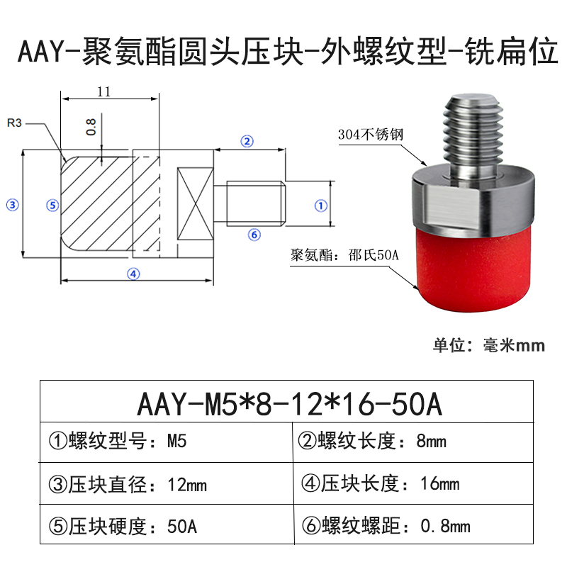 AAY-M5×8-12×16-50A-0.8 包胶螺丝圆头外牙带扳手位-304不锈钢-红色50度