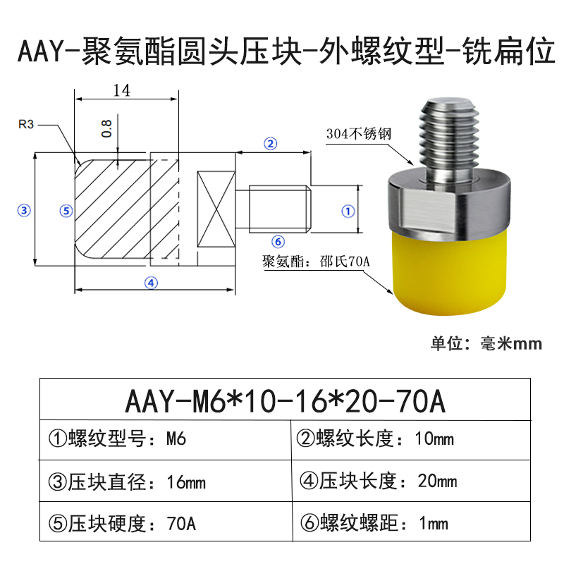 AAY-M6×10-16×20-70A-1 包胶螺丝圆头外牙带扳手位-304不锈钢-黄色70度