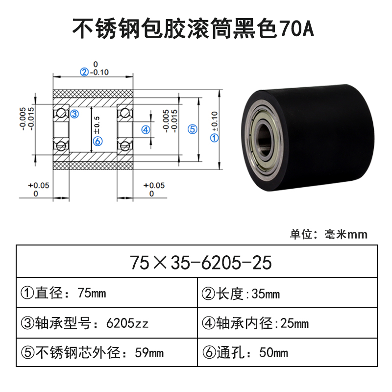 ABG-75×35-6205-25 包胶滚筒-从动轮-304不锈钢-黑色70度