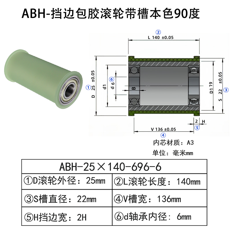 ABH-25×140-696-6 挡边包胶滚轮-带槽-本色90度