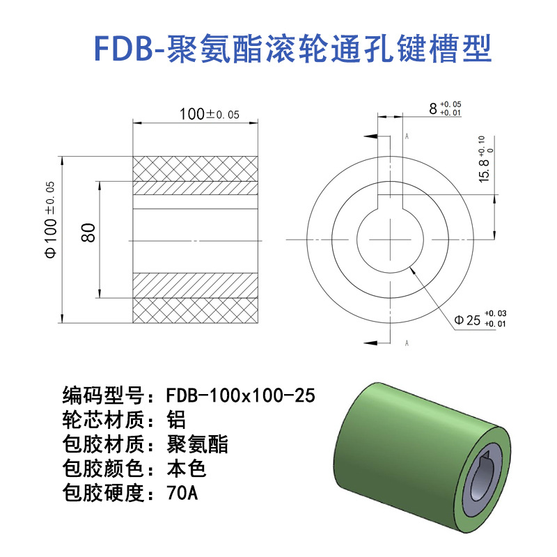 FDB-100×100-25 铝芯通孔键槽主动轮本色70度
