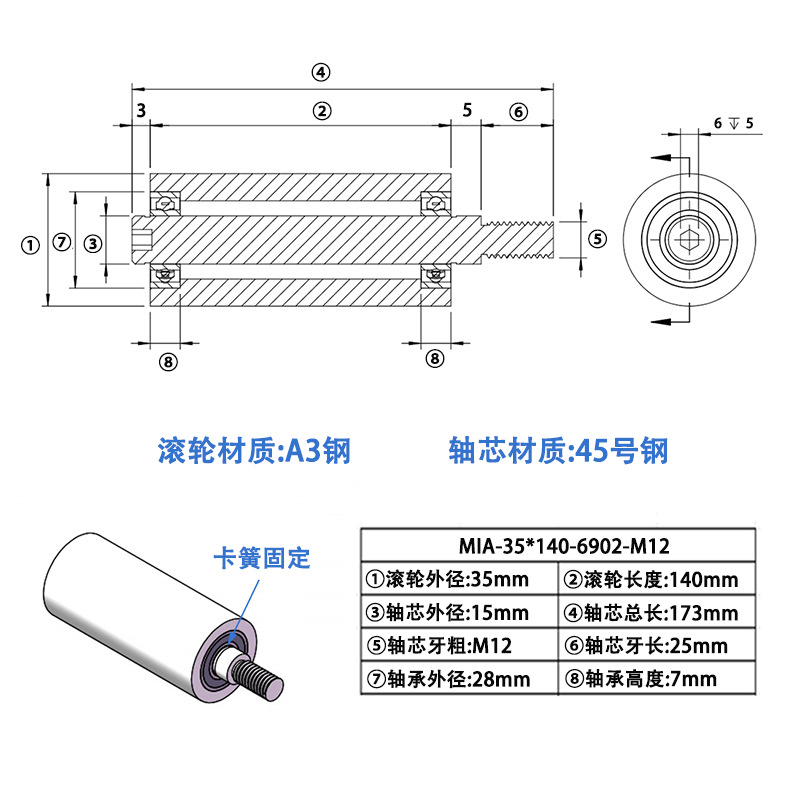 MIA-35×140-6902-M12 45#钢工业级导轮