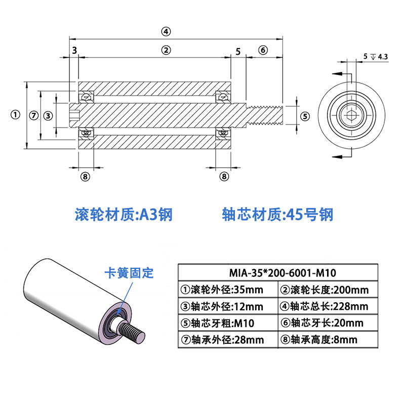 MIA-35×200-6001-M10 45#钢工业级导轮