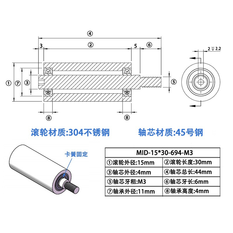 MID-15×30-694-M3 304不锈钢工业级导轮
