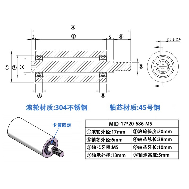 MID-17×20-686-M5 304不锈钢工业级导轮
