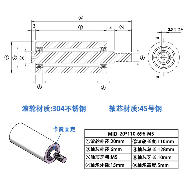 MID-20×110-696-M5 304不锈钢工业级导轮
