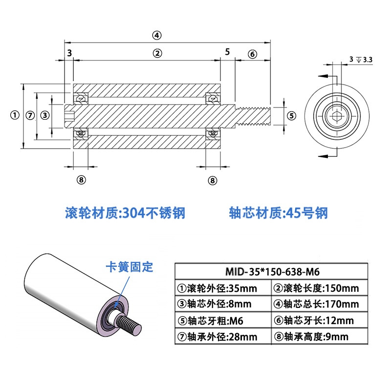 MID-35×150-638-M6 304不锈钢工业级导轮