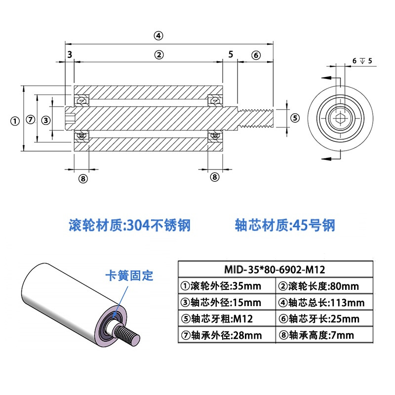 MID-35×80-6902-M12 304不锈钢工业级导轮