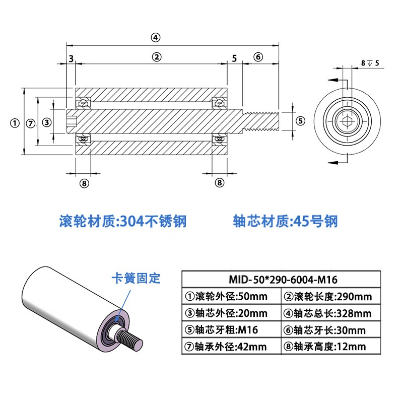 MID-50×290-6004-M16 304不锈钢工业级导轮