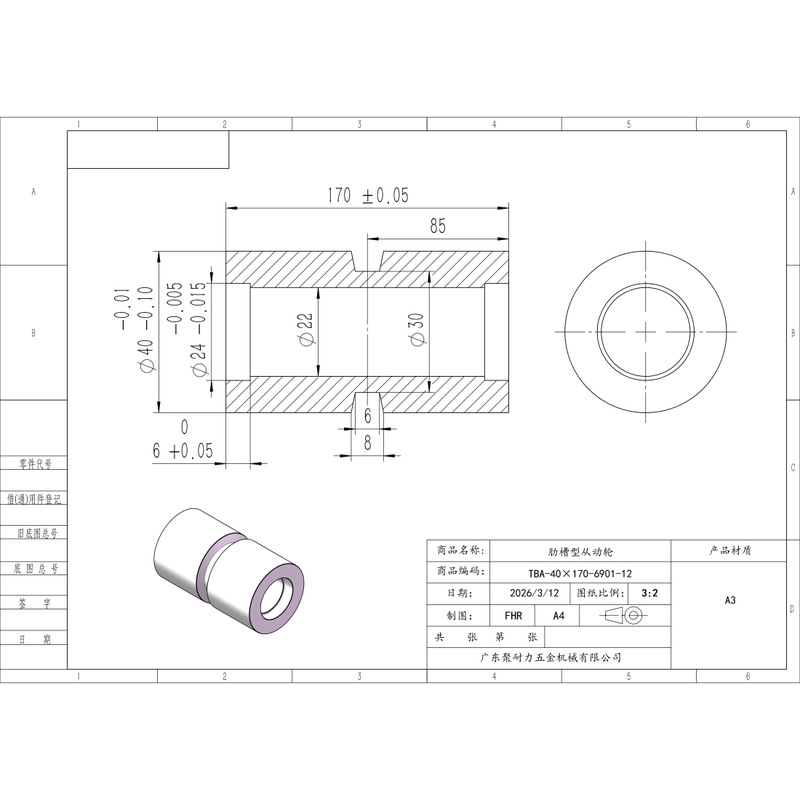 TBA-40×170-6901-12 铁材质-肋槽型从动轮
