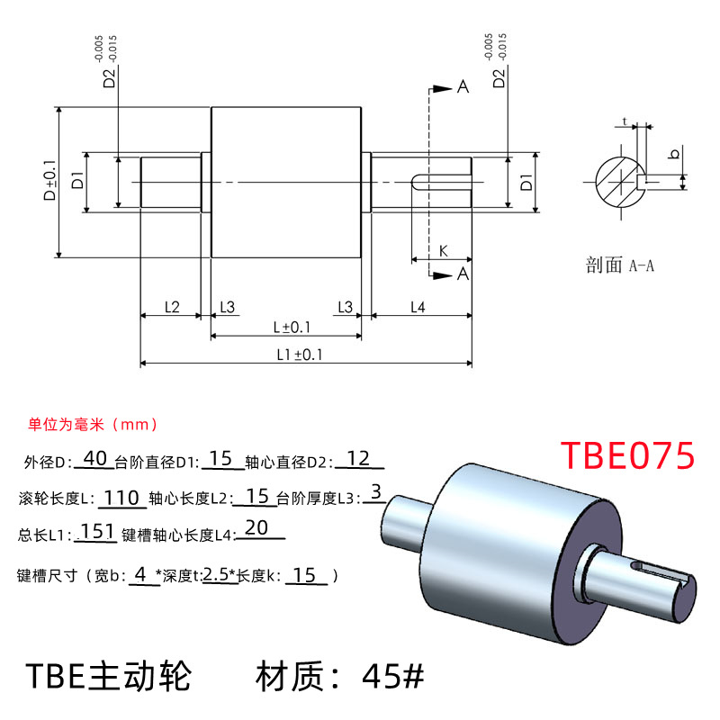 TBE-40×110-12带轴主动轮 实心光面主动轮